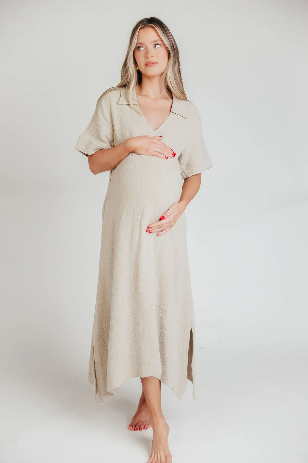 Fallon Linen-Blend Collared Midi Dress in Sand - Bump Friendly sold by Worth Collective product image thumbnail 3