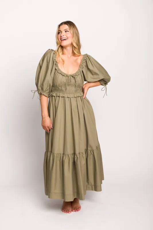 Crissy Ruched Midi Dress in Dusty Olive - Bump Friendly sold by Worth Collective