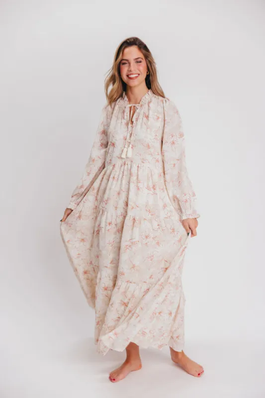 Mallory Long-Sleeved Maxi Dress with Tassel in Terracotta Floral - Bump Friendly - Inclusive Sizing (S-3XL) sold by Worth Collective