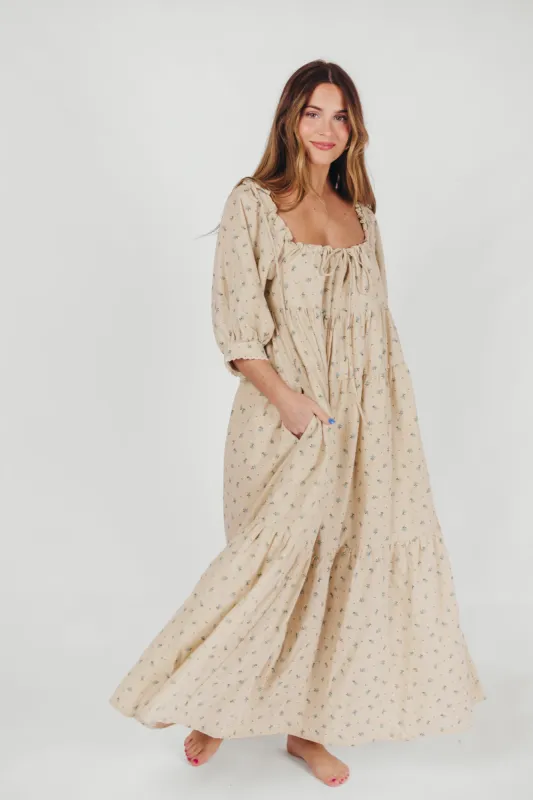Cara 100% Cotton Maxi Dress in Blue/Brown Floral sold by Worth Collective