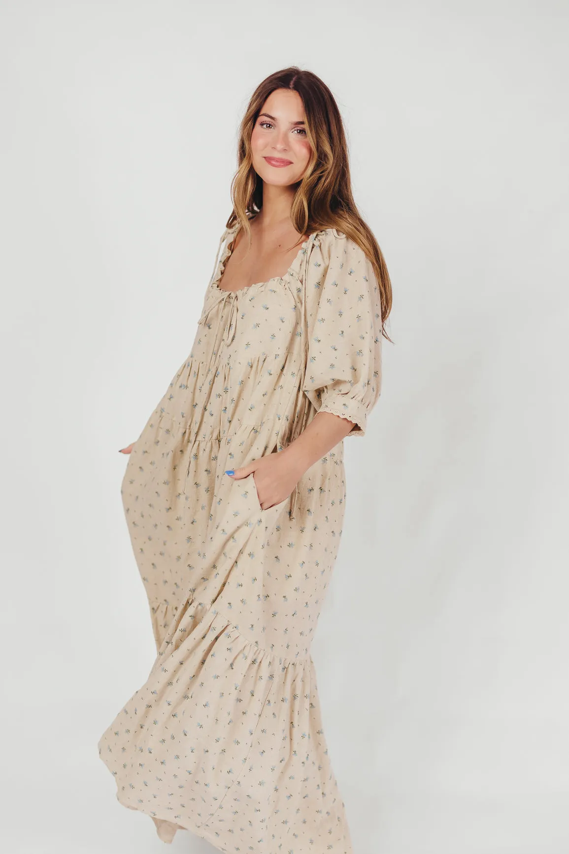 Cara 100% Cotton Maxi Dress in Blue/Brown Floral sold by Worth Collective product image thumbnail 2