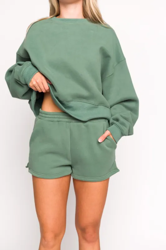Comfy Cozy High Waisted Sweat Shorts in Pine sold by Worth Collective
