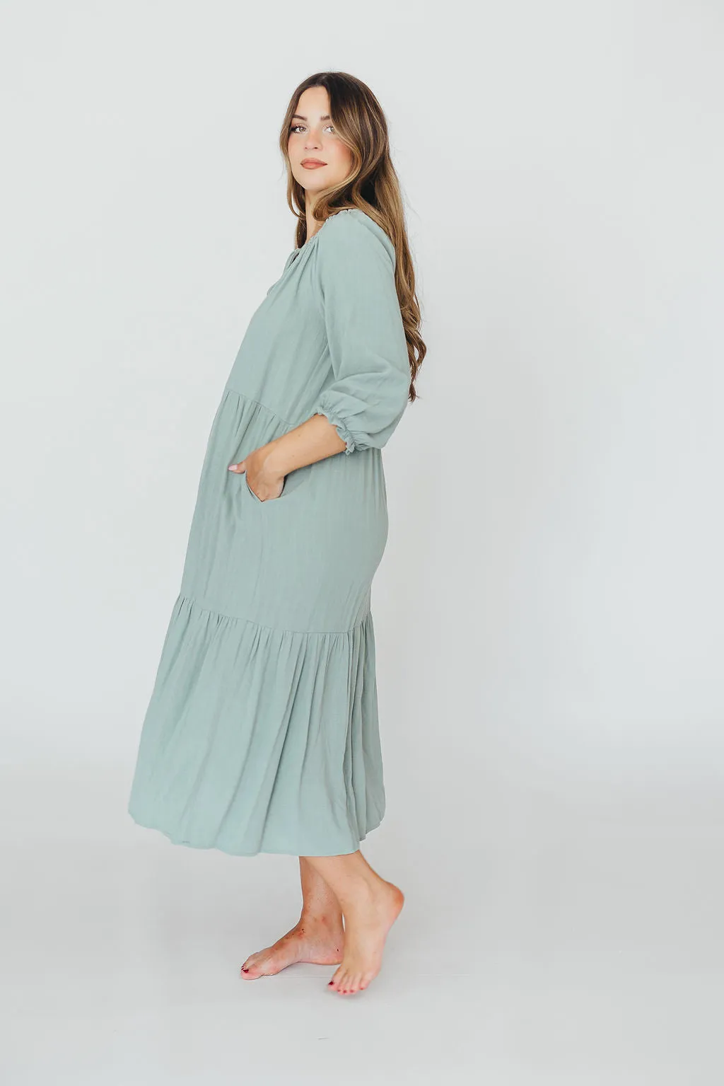 Avery Tiered Linen-Blend Midi Dress in Sage - Bump Friendly and Inclusive Sizing sold by Worth Collective product image thumbnail 4
