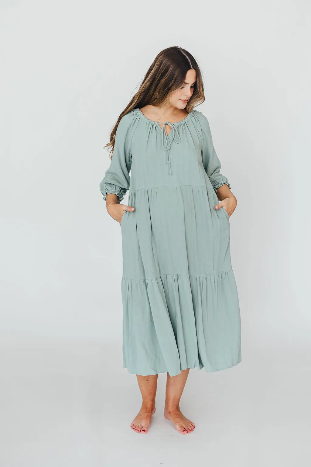 Avery Tiered Linen-Blend Midi Dress in Sage - Bump Friendly and Inclusive Sizing sold by Worth Collective product image thumbnail 2