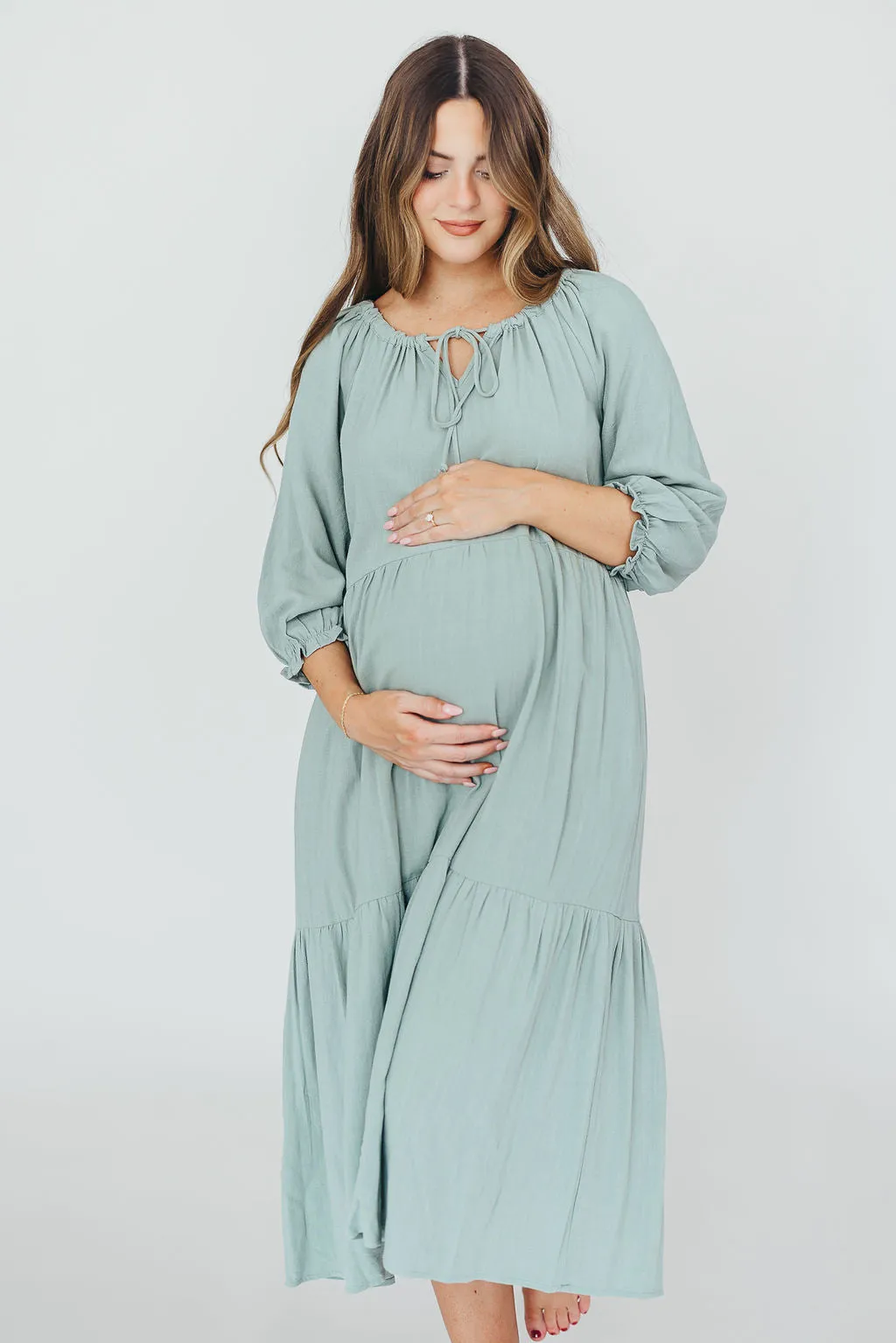 Avery Tiered Linen-Blend Midi Dress in Sage - Bump Friendly and Inclusive Sizing sold by Worth Collective product image thumbnail 3