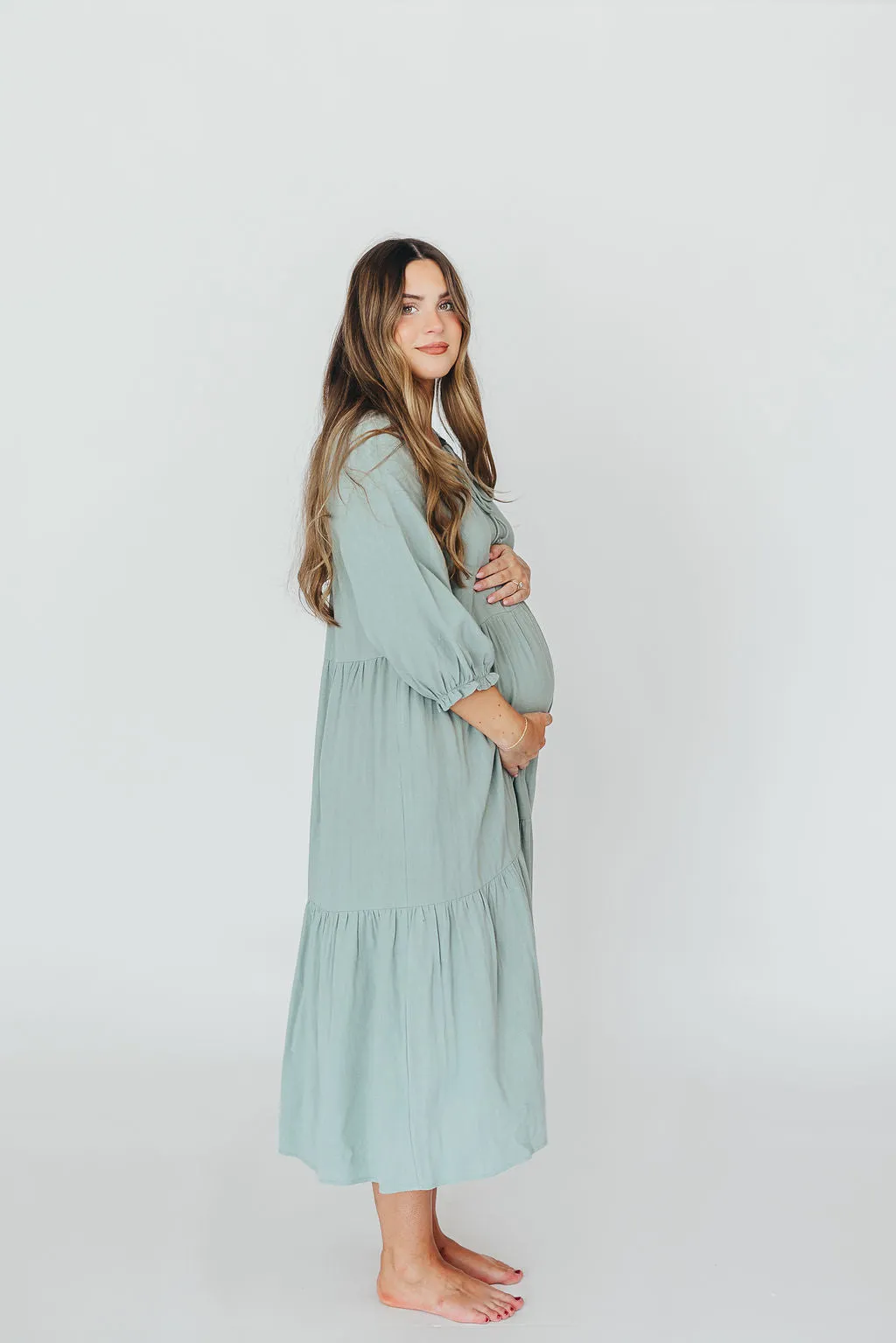 Avery Tiered Linen-Blend Midi Dress in Sage - Bump Friendly and Inclusive Sizing sold by Worth Collective product image thumbnail 5