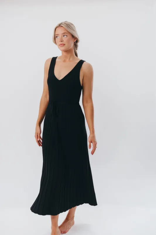 Marissa Knit Maxi Dress with Pleated Skirt and Tie Waist in Black sold by Worth Collective