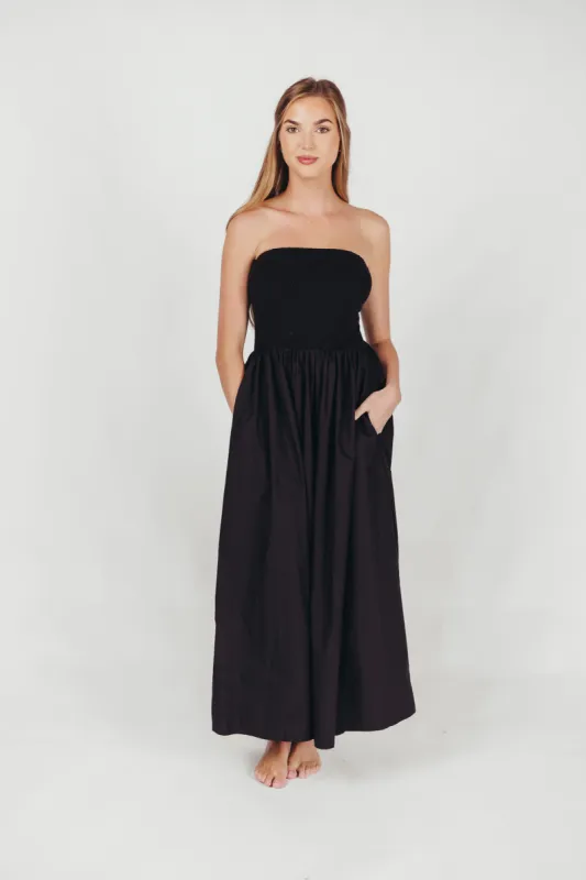 Elise Strapless Cotton Maxi Dress in Black sold by Worth Collective