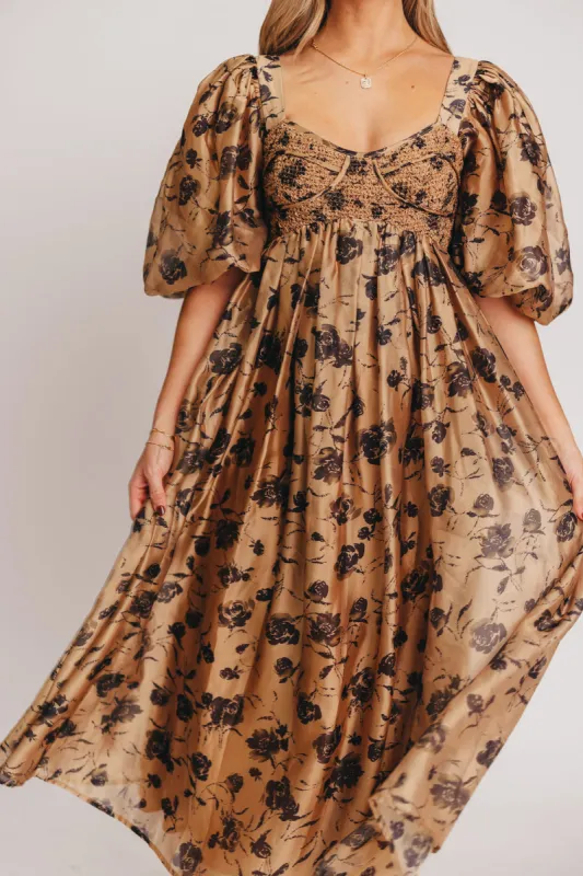 Harlow Camel & Black Floral Maxi Dress with Stretchy Neckline - Bump Friendly (Final Few) *Final Sale* sold by Worth Collective