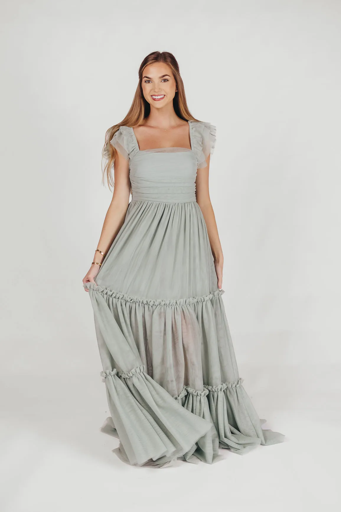 Bella Tiered Tulle Maxi Dress in Sage - Bump Friendly (Final Few) sold by Worth Collective product image thumbnail 3