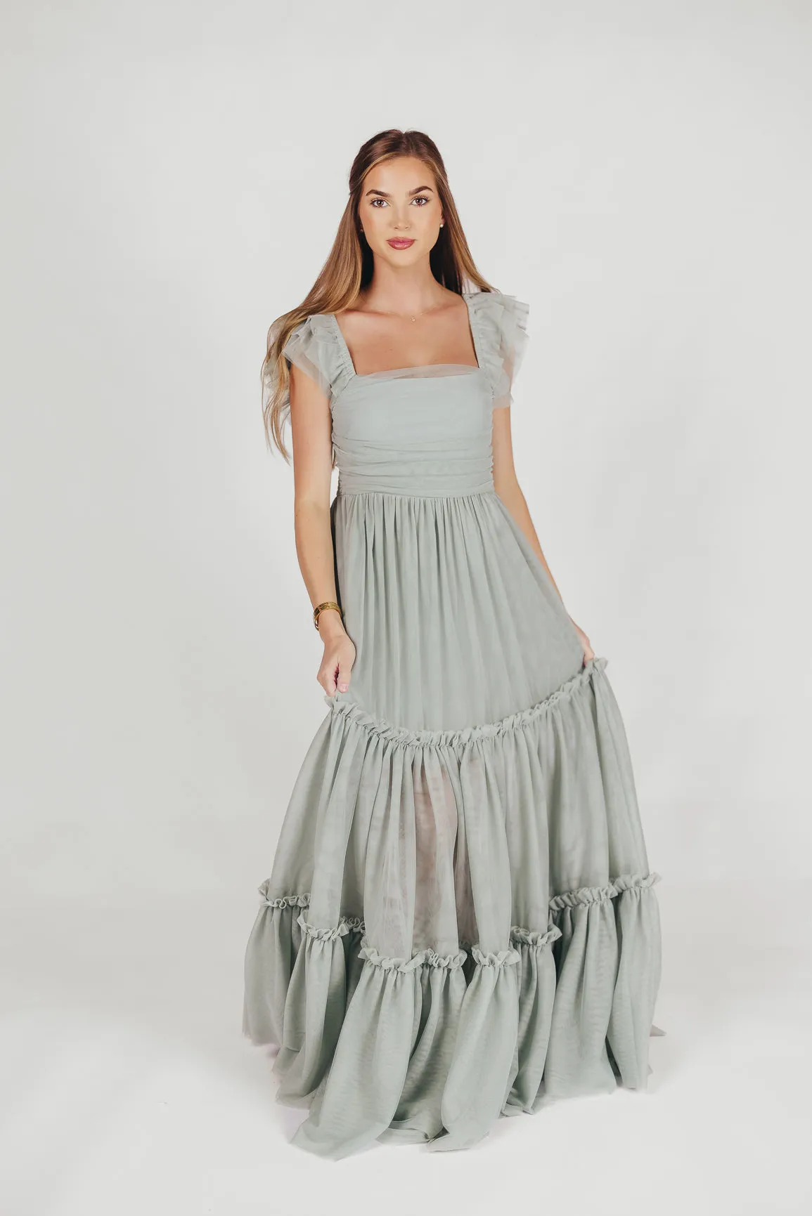Bella Tiered Tulle Maxi Dress in Sage - Bump Friendly (Final Few) sold by Worth Collective