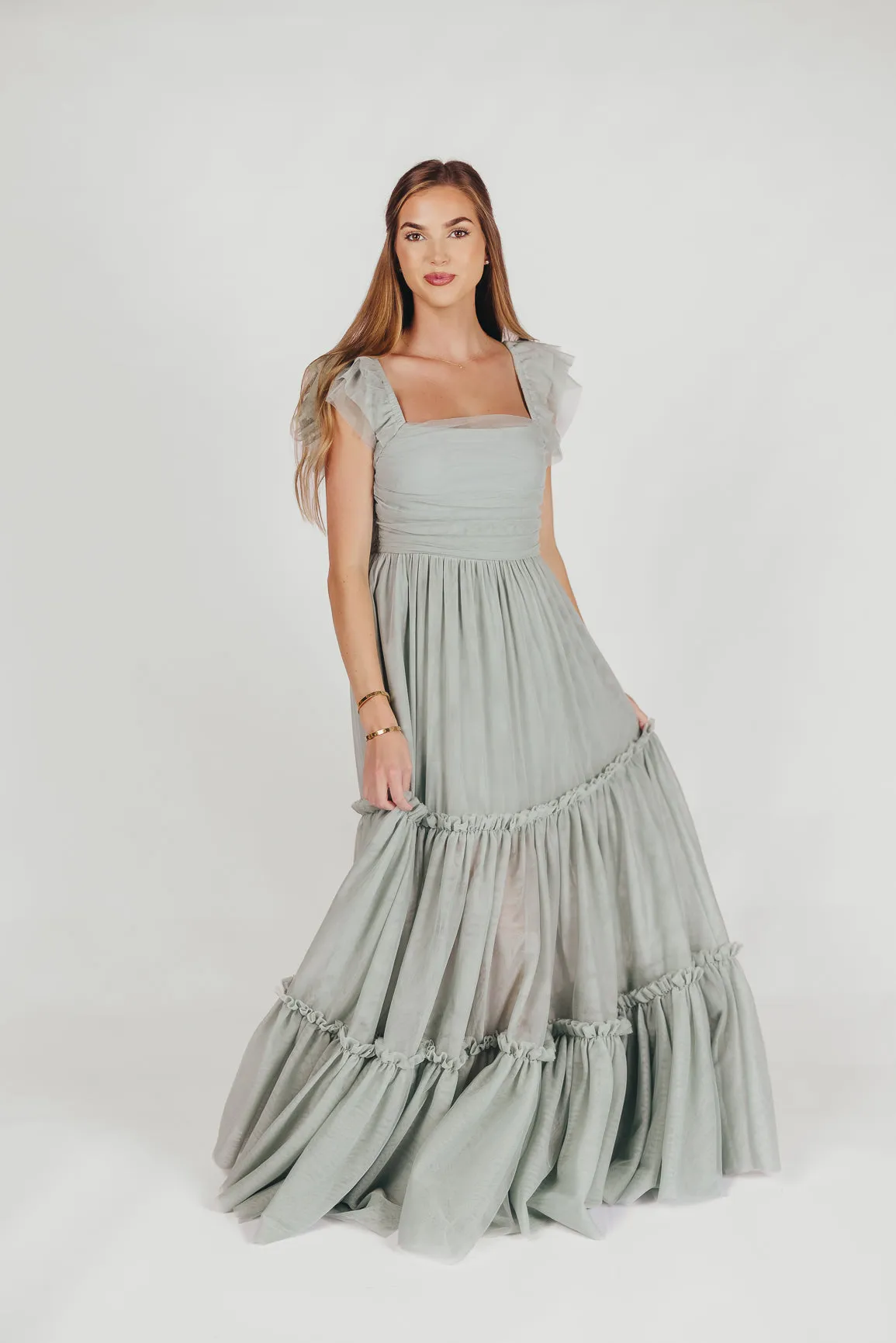 Bella Tiered Tulle Maxi Dress in Sage - Bump Friendly (Final Few) sold by Worth Collective product image thumbnail 4
