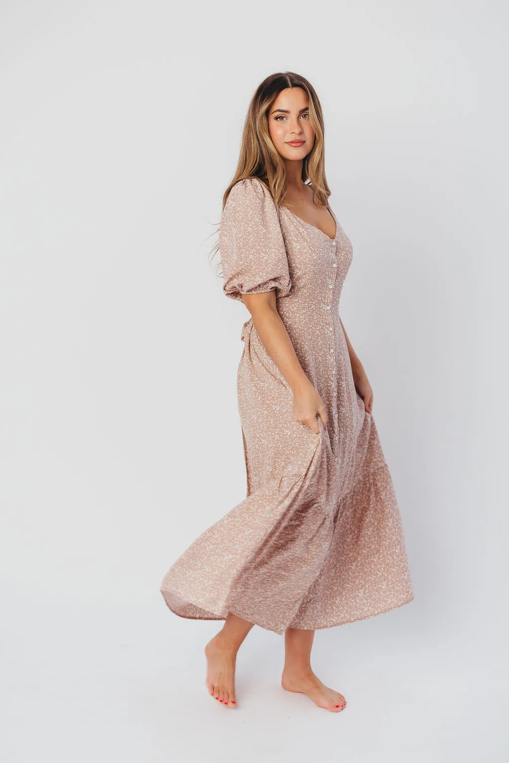 Ellington Button-Down Midi Dress with Sweetheart Neckline in Beige Floral - Nursing Friendly sold by Worth Collective product image thumbnail 4