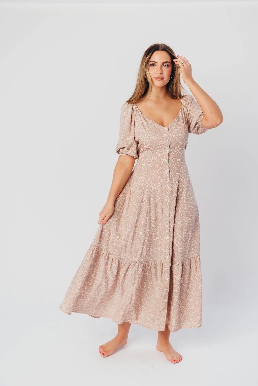 Ellington Button-Down Midi Dress with Sweetheart Neckline in Beige Floral - Nursing Friendly sold by Worth Collective