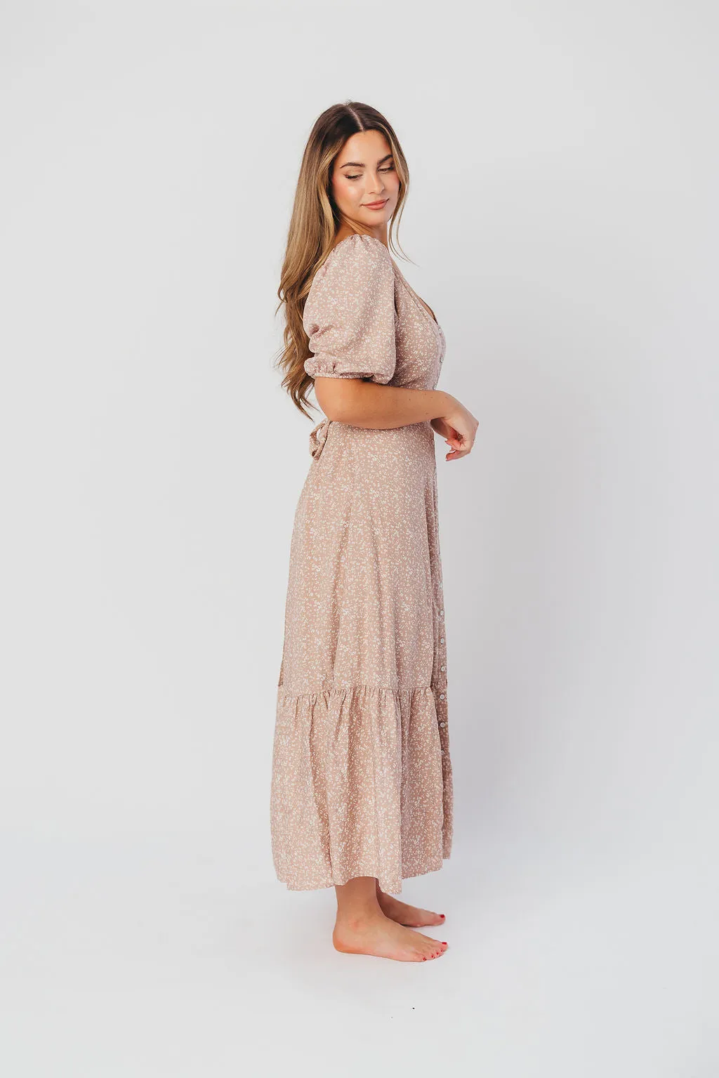 Ellington Button-Down Midi Dress with Sweetheart Neckline in Beige Floral - Nursing Friendly sold by Worth Collective product image thumbnail 3