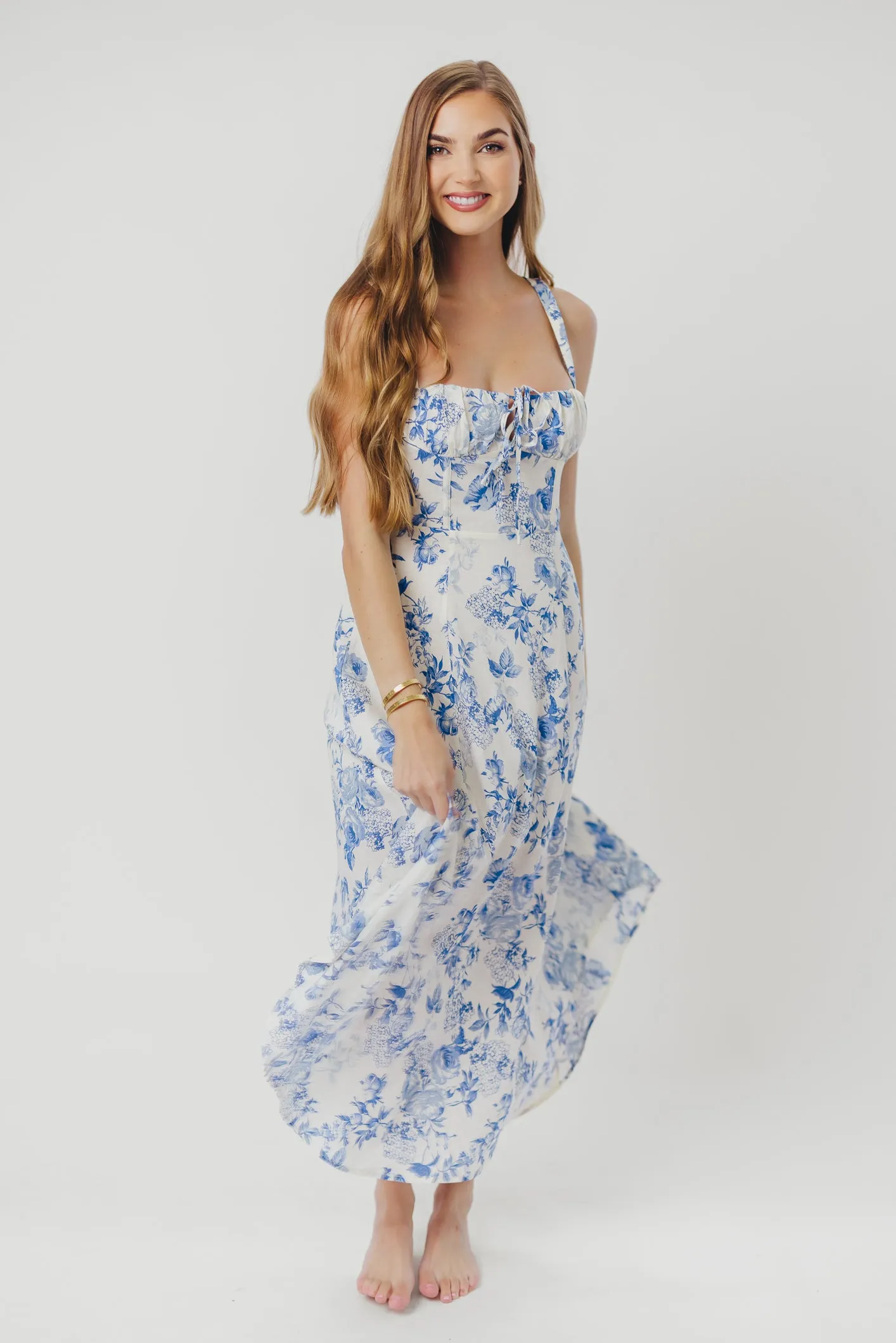 Cassie Linen-Blend Midi Dress in Cream Blue sold by Worth Collective