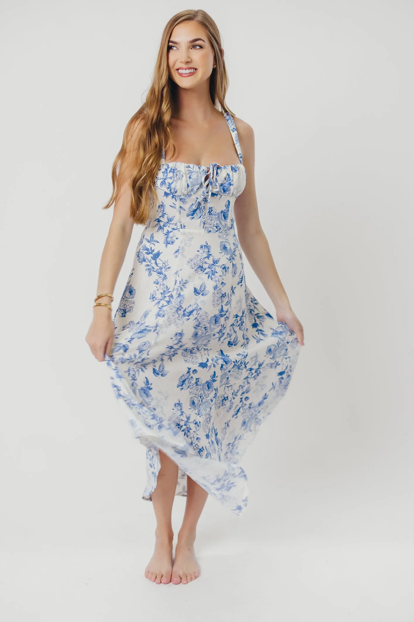 Cassie Linen-Blend Midi Dress in Cream Blue sold by Worth Collective product image thumbnail 2