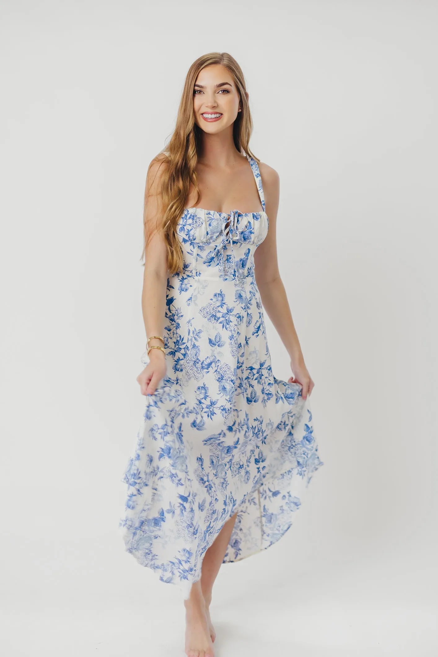 Cassie Linen-Blend Midi Dress in Cream Blue sold by Worth Collective product image thumbnail 3