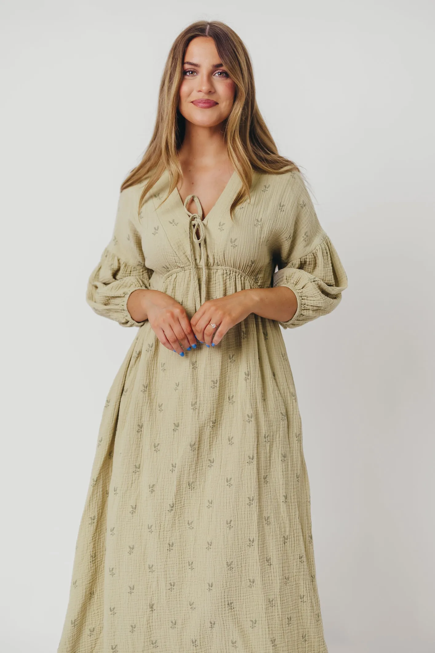Hunter 100% Cotton Gauze Midi Dress in Thyme/Sage Foliage - Bump Friendly & Inclusive Sizing (XS-3XL) sold by Worth Collective product image thumbnail 5