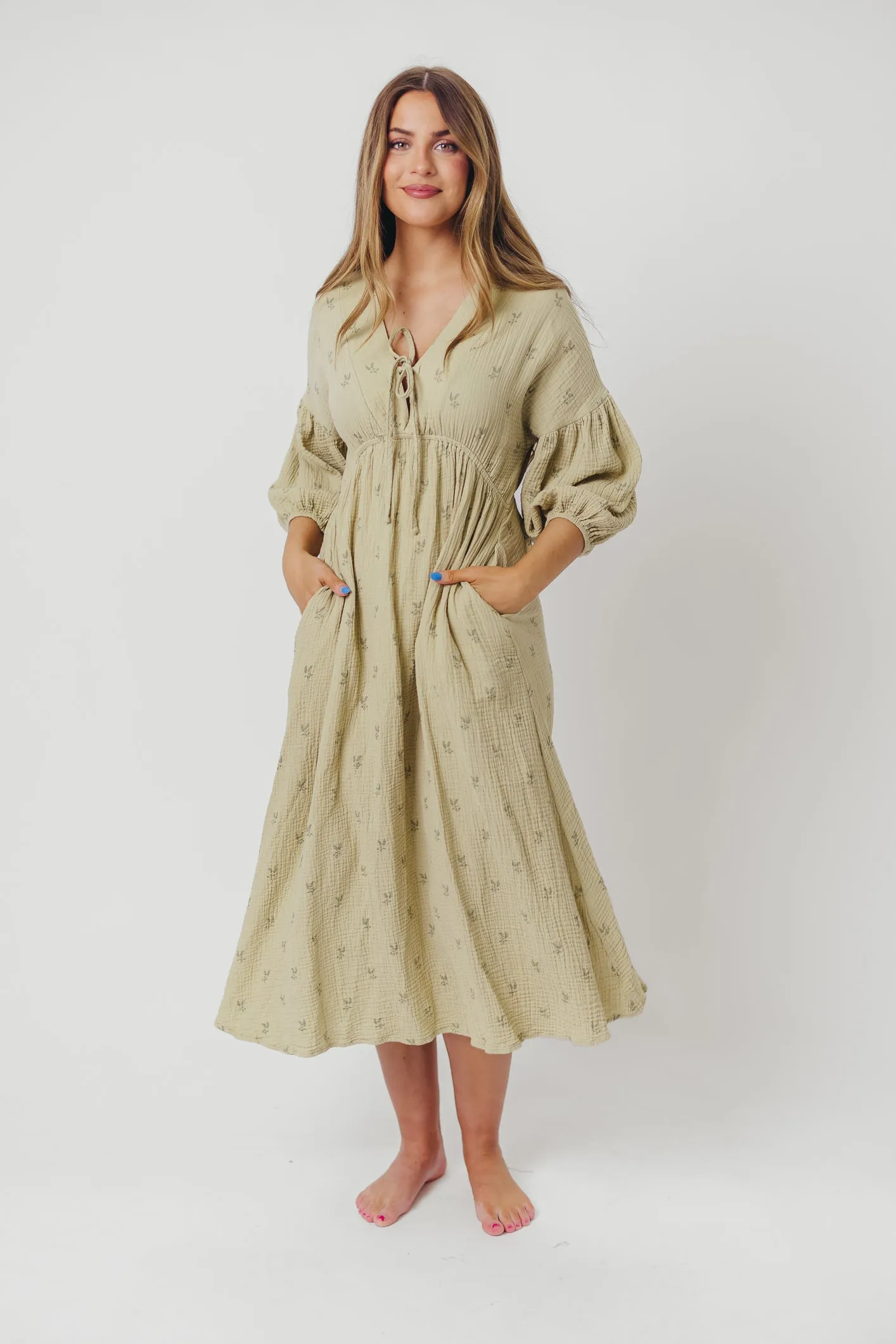 Hunter 100% Cotton Gauze Midi Dress in Thyme/Sage Foliage - Bump Friendly & Inclusive Sizing (XS-3XL) sold by Worth Collective product image thumbnail 4