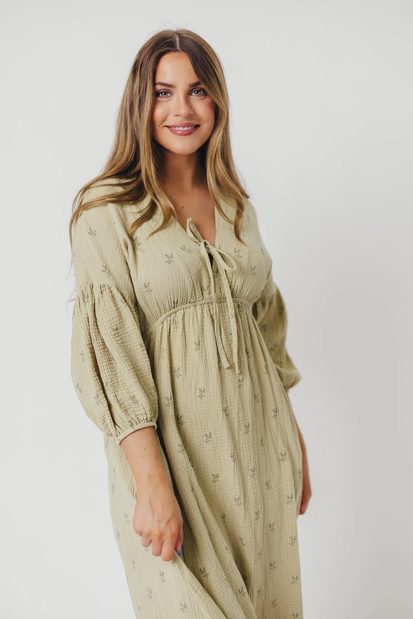 Hunter 100% Cotton Gauze Midi Dress in Thyme/Sage Foliage - Bump Friendly & Inclusive Sizing (XS-3XL) sold by Worth Collective product image thumbnail 2