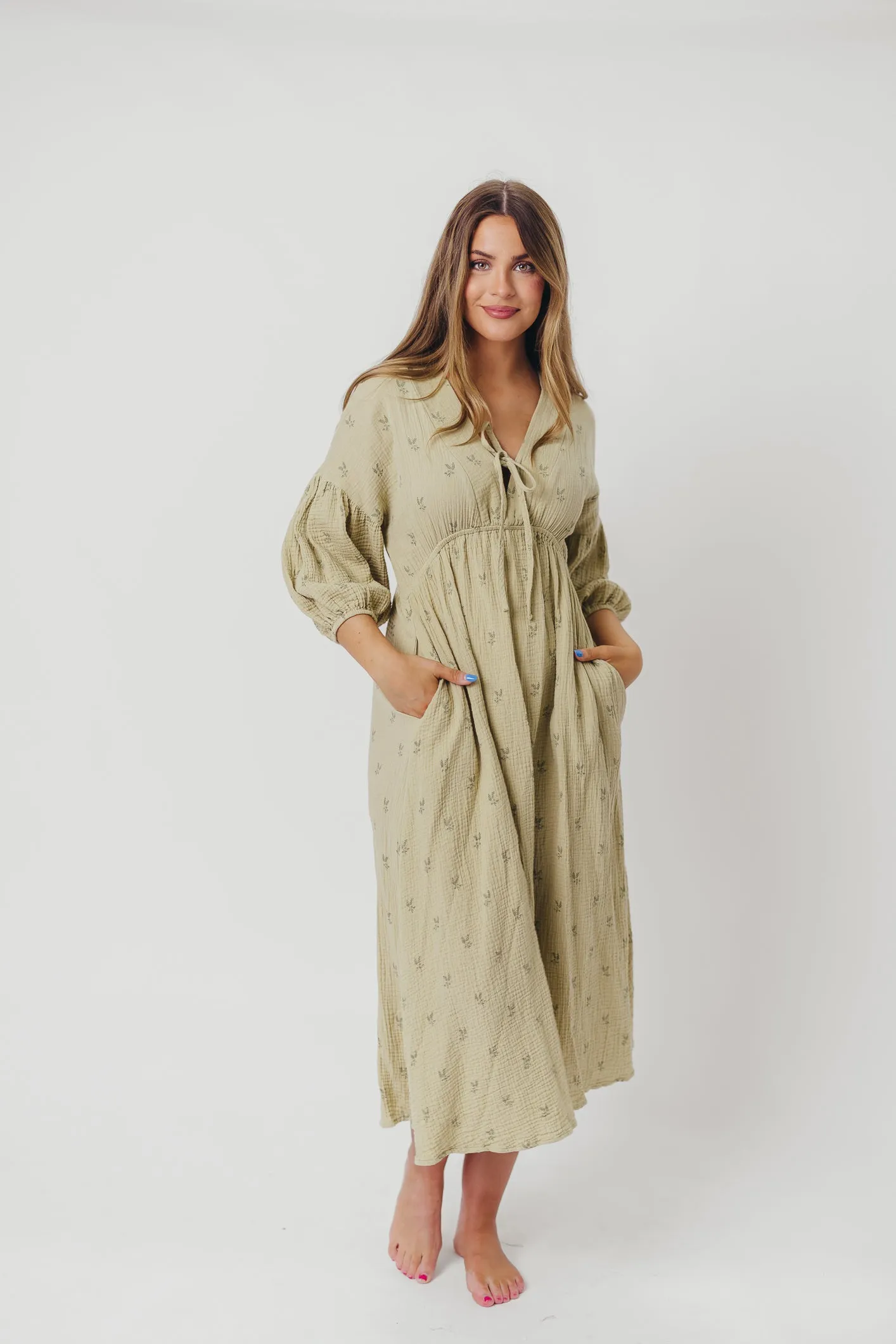 Hunter 100% Cotton Gauze Midi Dress in Thyme/Sage Foliage - Bump Friendly & Inclusive Sizing (XS-3XL) sold by Worth Collective