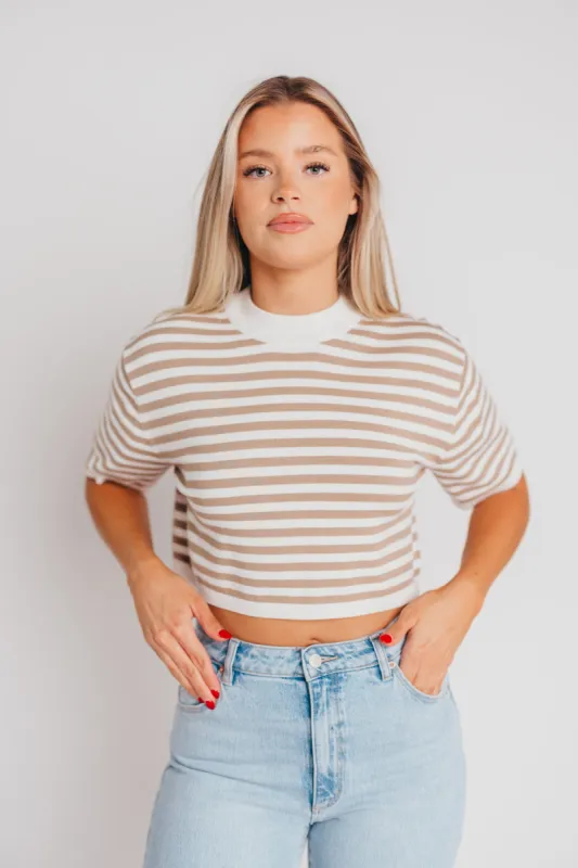 Anjou Short Sleeve Knitted Top in Tan/White sold by Worth Collective