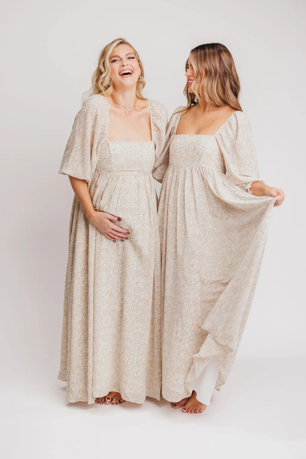 Mona 'Love Story' Maxi Dress in Beige - Bump Friendly and Inclusive Sizing (S-3XL) sold by Worth Collective