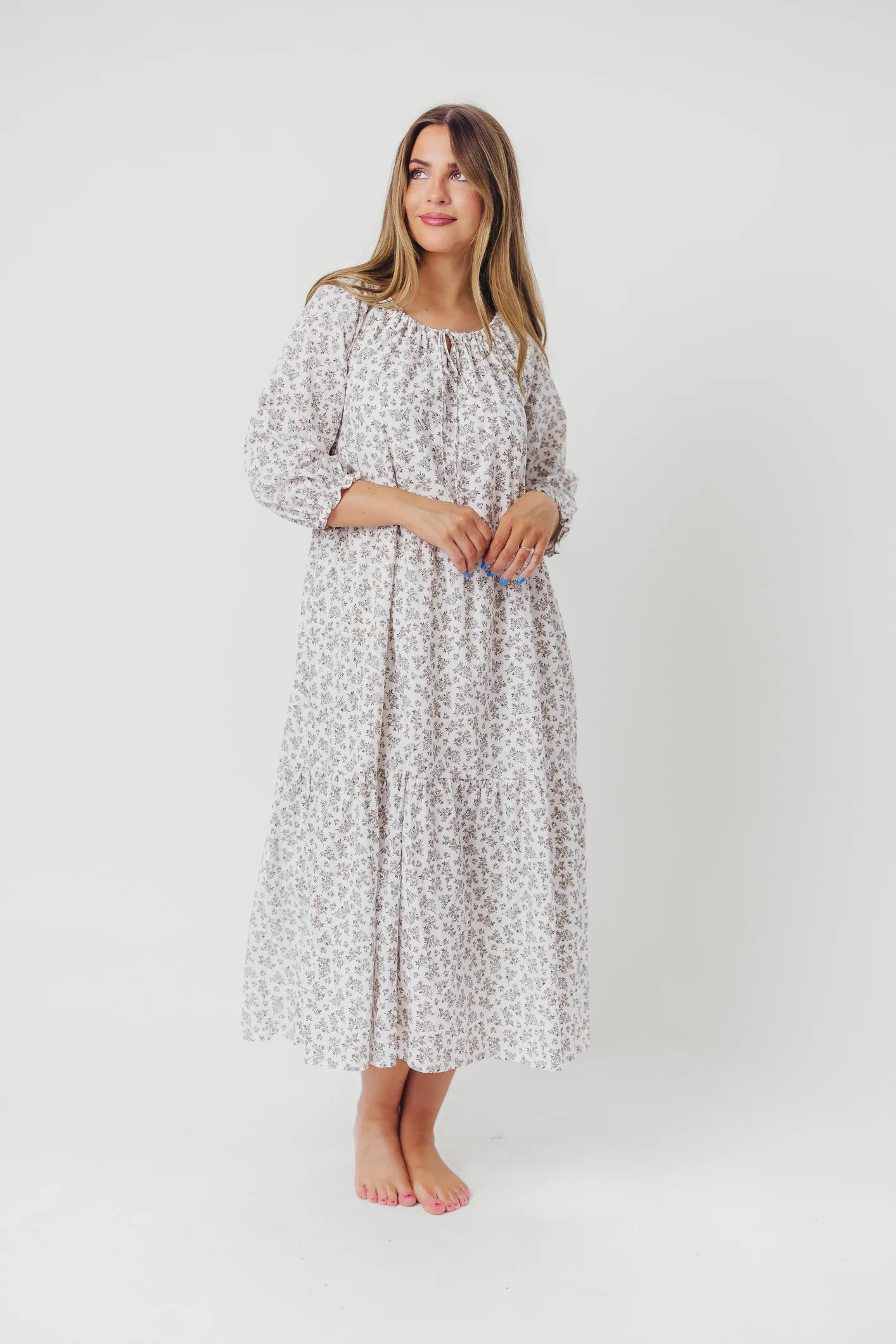Avery Tiered Linen-Blend Midi Dress in Off-White - Bump Friendly and Inclusive Sizing sold by Worth Collective