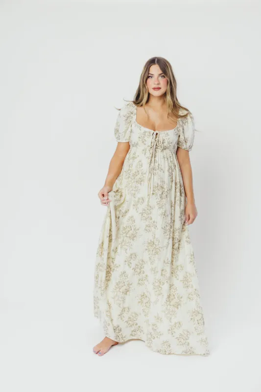 Haven 100% Cotton Tie-Front Maxi Dress in Taupe/Brown Floral - Bump Friendly - Restocking in April sold by Worth Collective