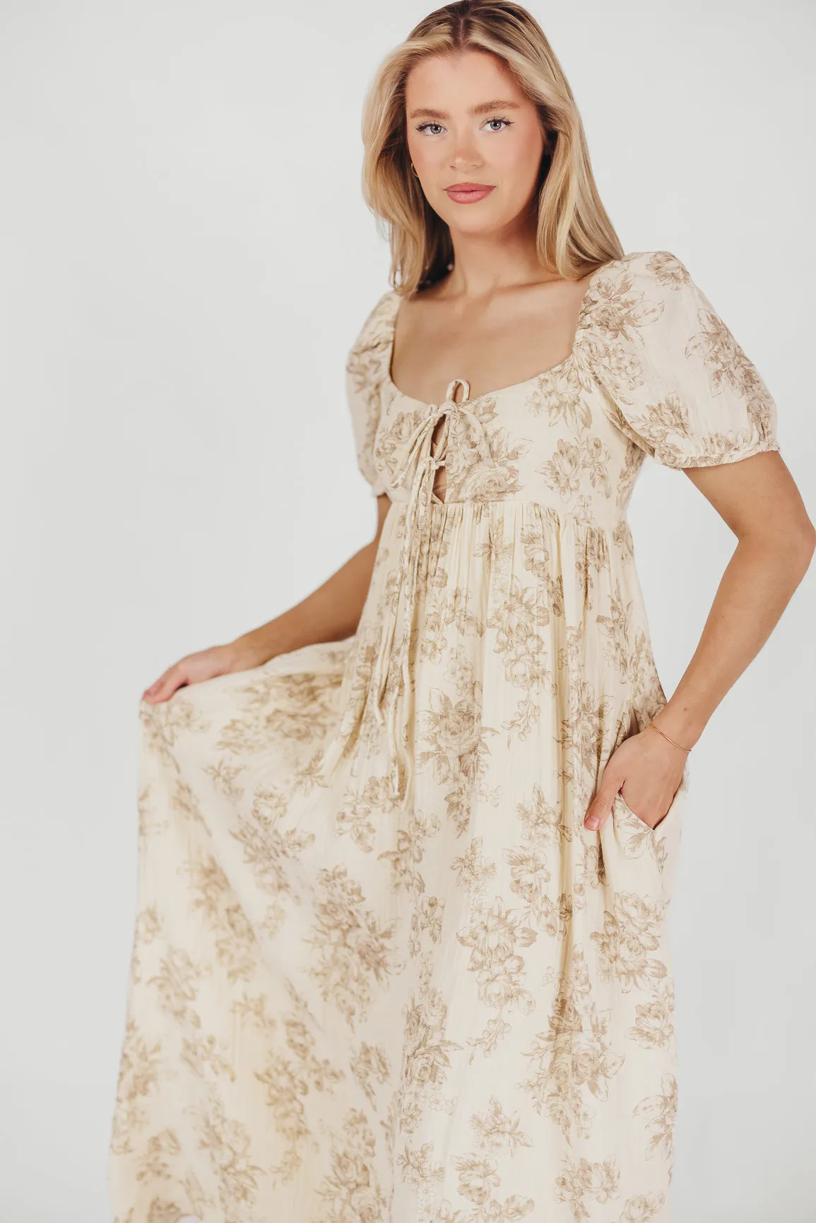 Haven 100% Cotton Tie-Front Maxi Dress in Taupe/Brown Floral - Bump Friendly - Restocking in April sold by Worth Collective product image thumbnail 5