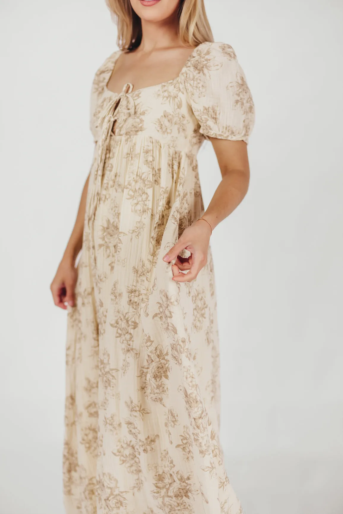 Haven 100% Cotton Tie-Front Maxi Dress in Taupe/Brown Floral - Bump Friendly - Restocking in April sold by Worth Collective product image thumbnail 3