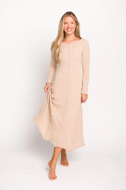 Selena Exposed Seam Midi Dress with Long Sleeves in Oatmeal (Lined) sold by Worth Collective