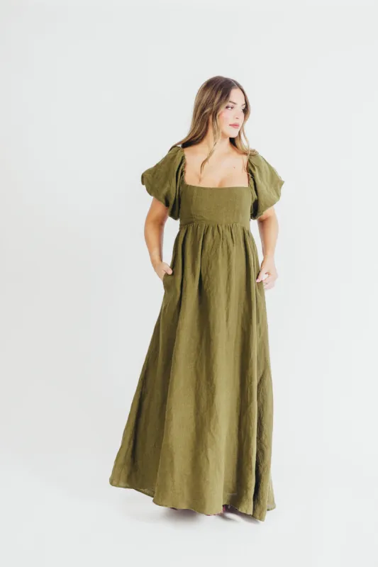 Candace Maxi Dress in Dark Olive - 100% Linen - Bump Friendly sold by Worth Collective