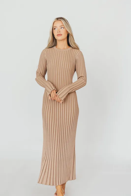 Colette Premium Long Sleeved Ribbed Knit Maxi Dress in Dark Natural - Bump Friendly sold by Worth Collective