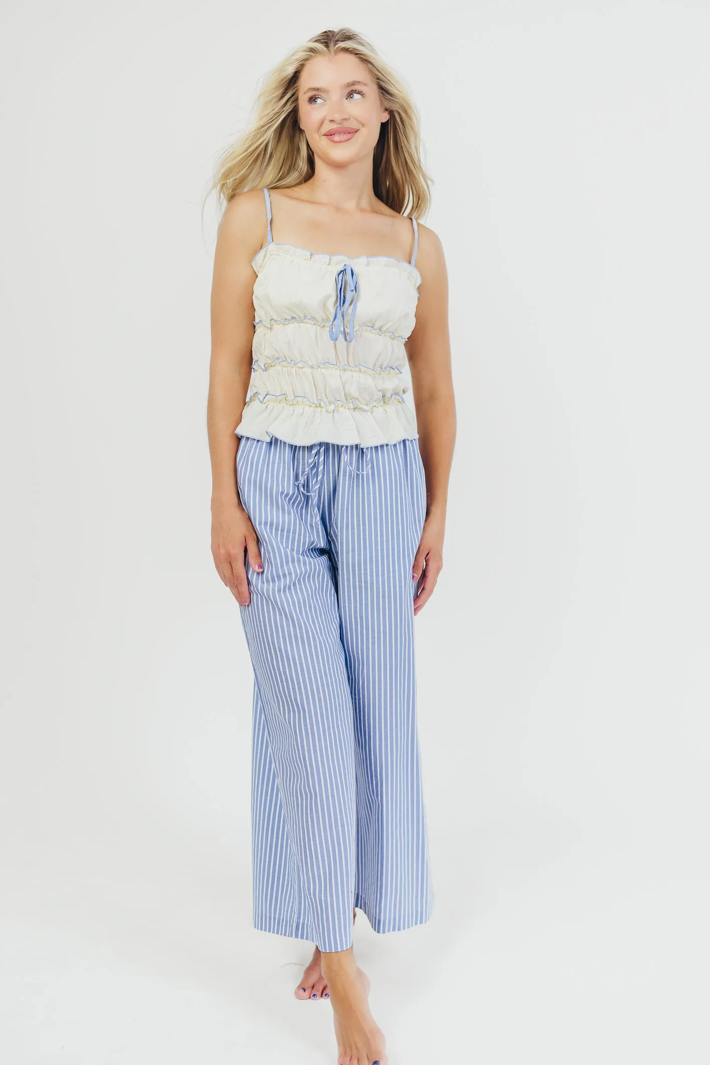 Sammy Ruffle Detail Top in Cream/Blue sold by Worth Collective