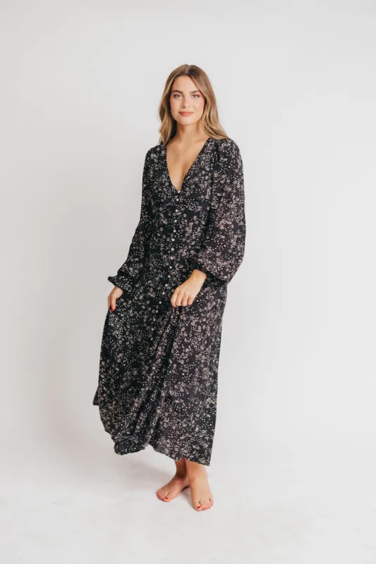 Brandi Long-Sleeve Button-Up Maxi Dress in Black Floral sold by Worth Collective