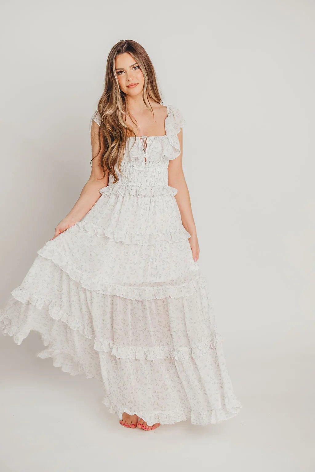 Astrid Ruffle Detail Maxi Dress in Lavender Floral - Bump Friendly sold by Worth Collective