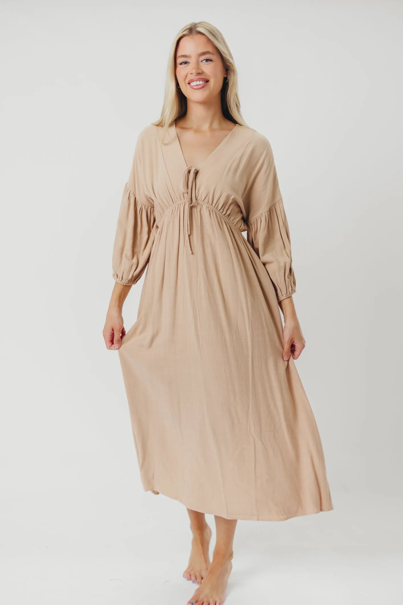 Hunter Linen-Blend Midi Dress in Pink Beige - Bump Friendly (XS-XL) sold by Worth Collective product image thumbnail 3