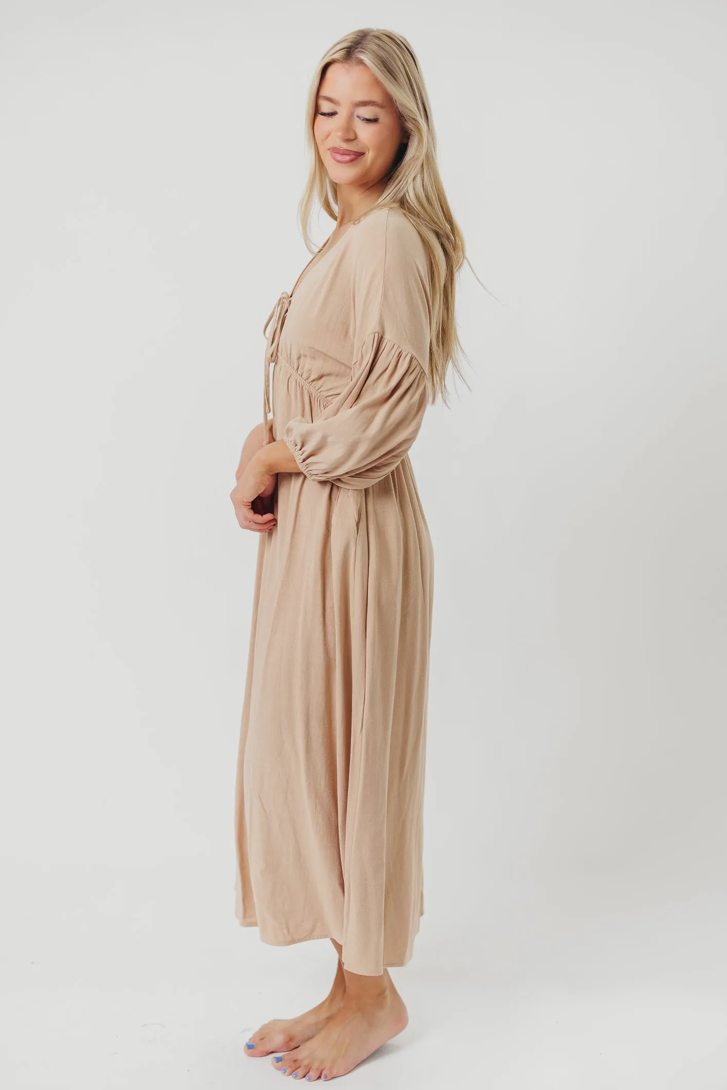 Hunter Linen-Blend Midi Dress in Pink Beige - Bump Friendly (XS-XL) sold by Worth Collective product image thumbnail 4