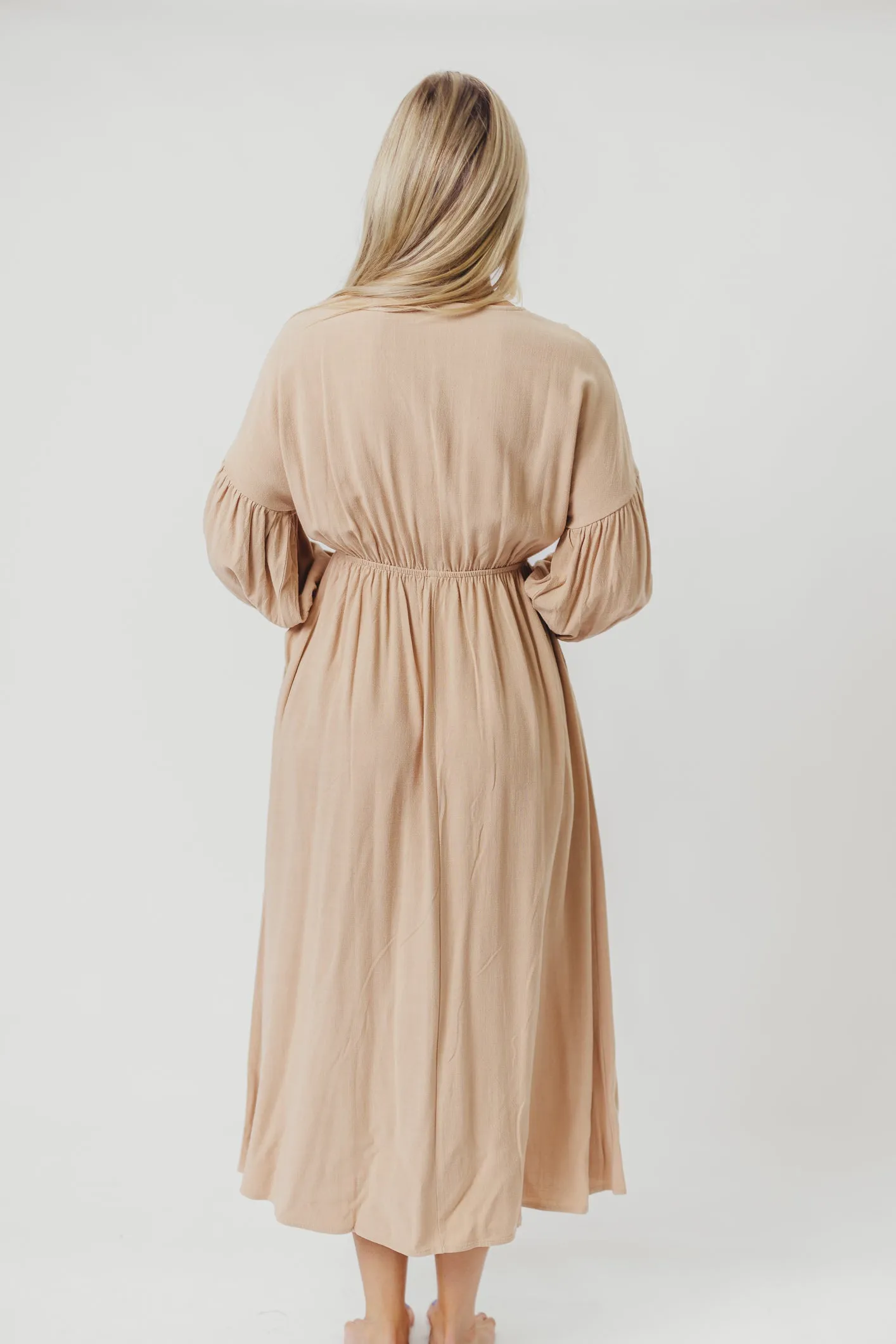 Hunter Linen-Blend Midi Dress in Pink Beige - Bump Friendly (XS-XL) sold by Worth Collective product image thumbnail 5