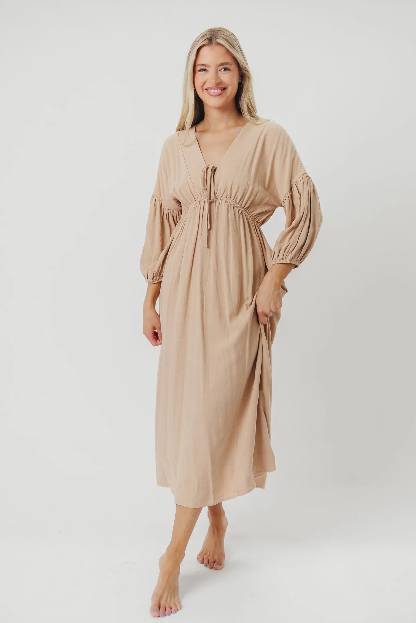 Hunter Linen-Blend Midi Dress in Pink Beige - Bump Friendly (XS-XL) sold by Worth Collective product image thumbnail 2