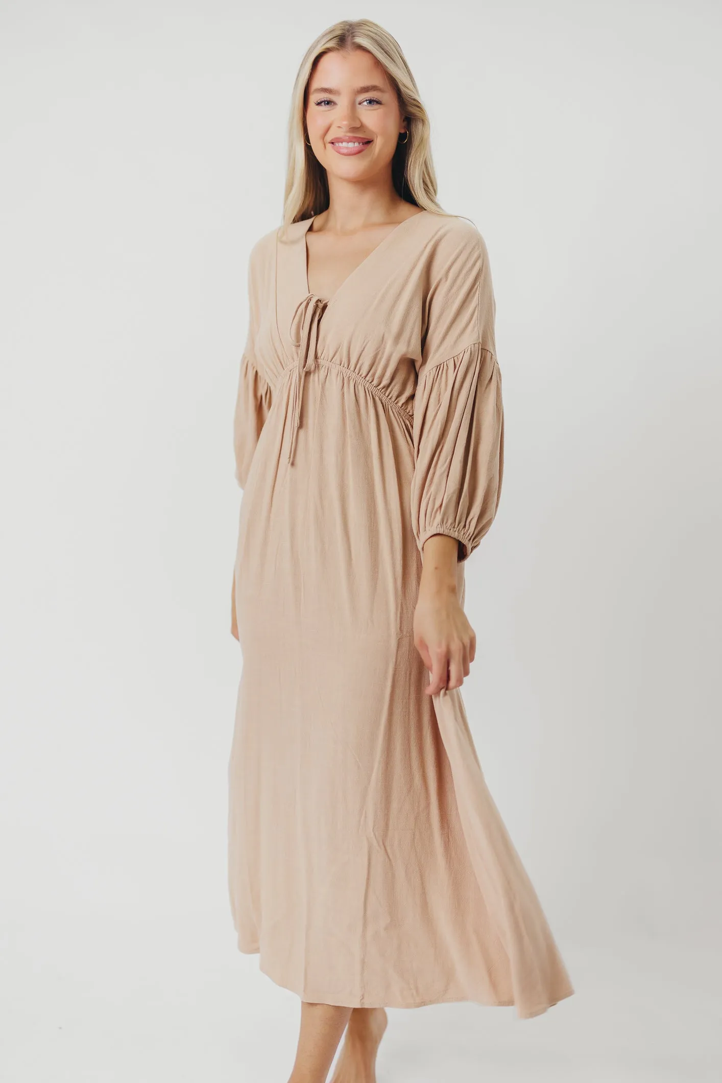 Hunter Linen-Blend Midi Dress in Pink Beige - Bump Friendly (XS-XL) sold by Worth Collective