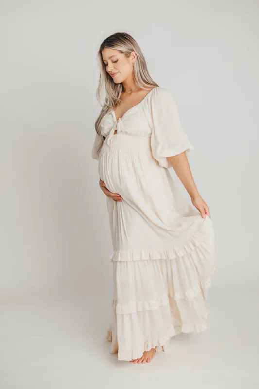 Eleanor Ruffle Detail Maxi Dress in Cream - Bump Friendly & Inclusive Sizing (S-3XL) sold by Worth Collective