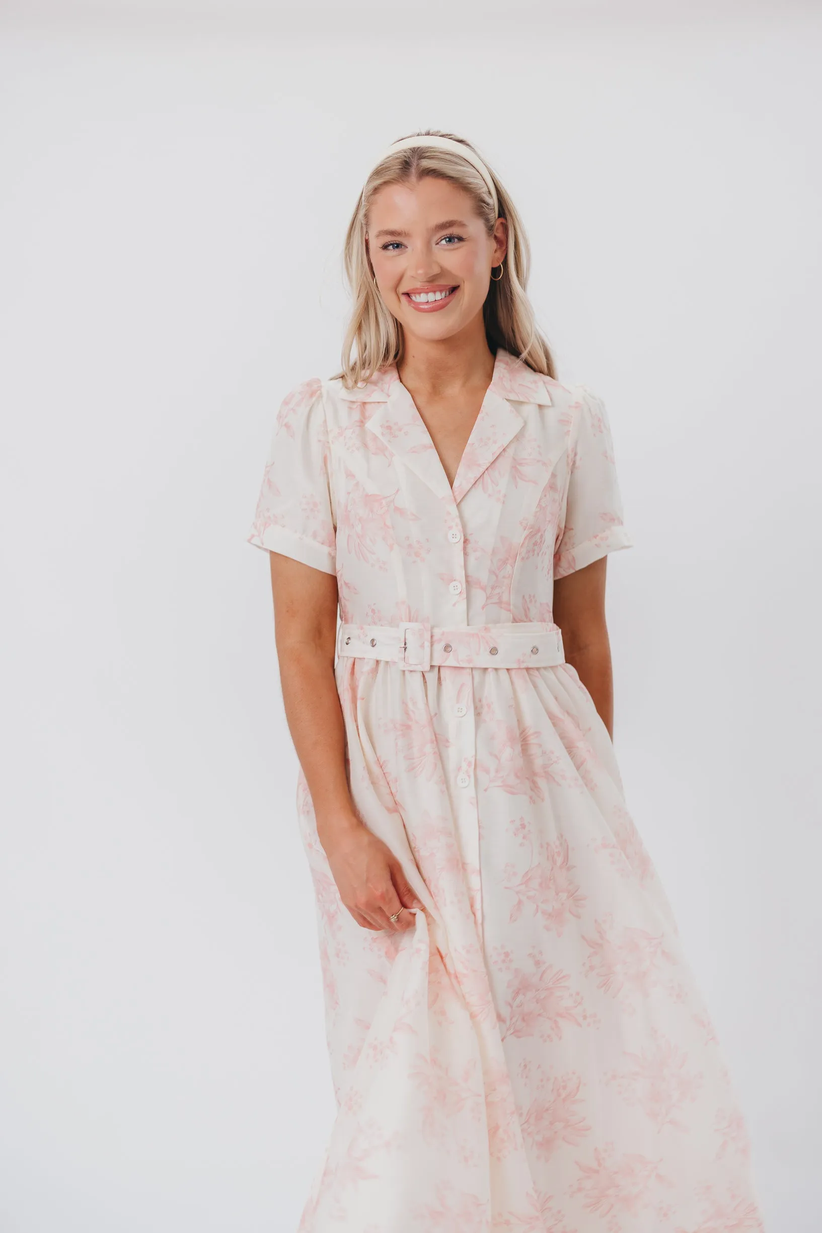 Gracie Button Down Midi Dress with Belt in Pink Floral - Nursing Friendly sold by Worth Collective product image thumbnail 5