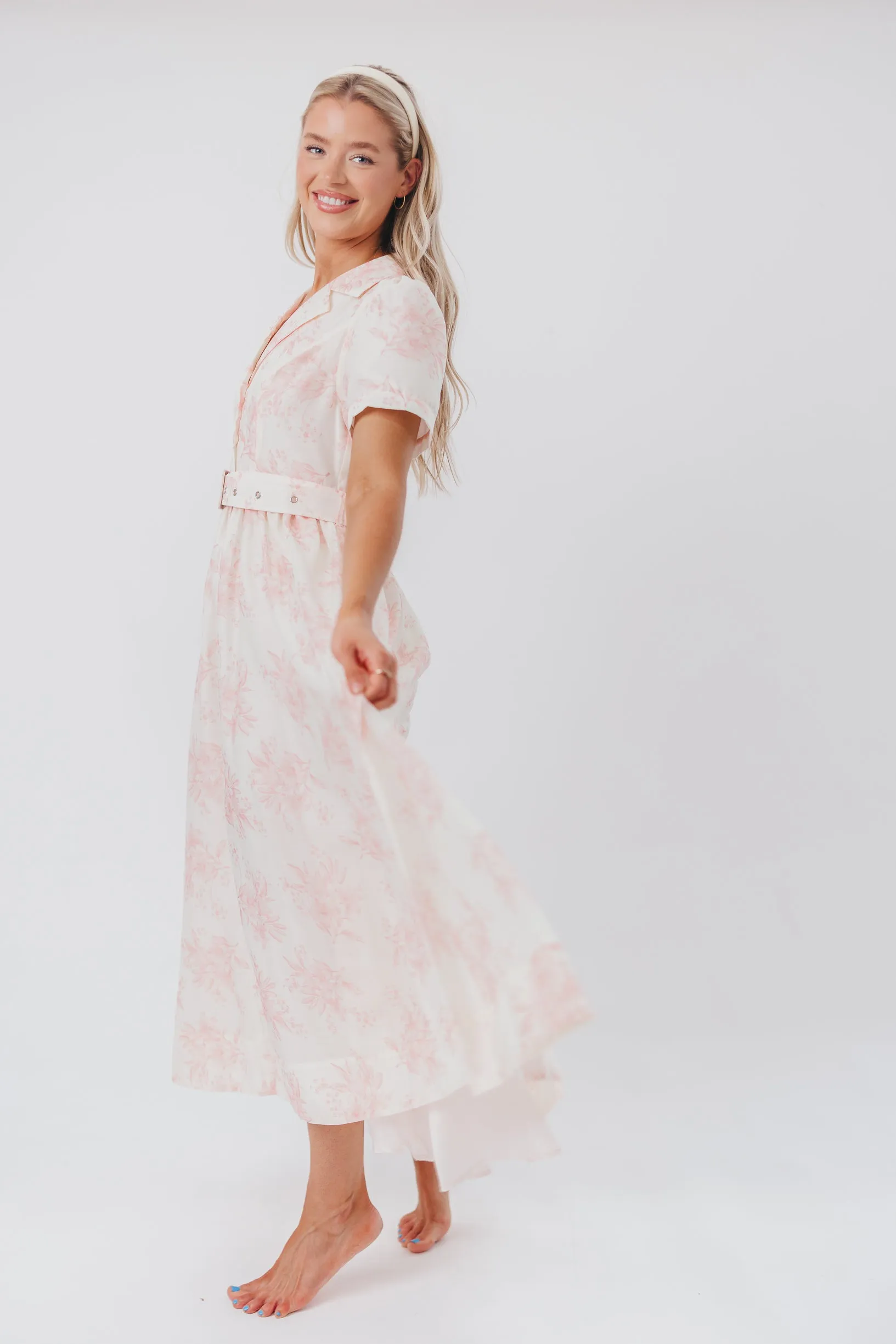 Gracie Button Down Midi Dress with Belt in Pink Floral - Nursing Friendly sold by Worth Collective product image thumbnail 4