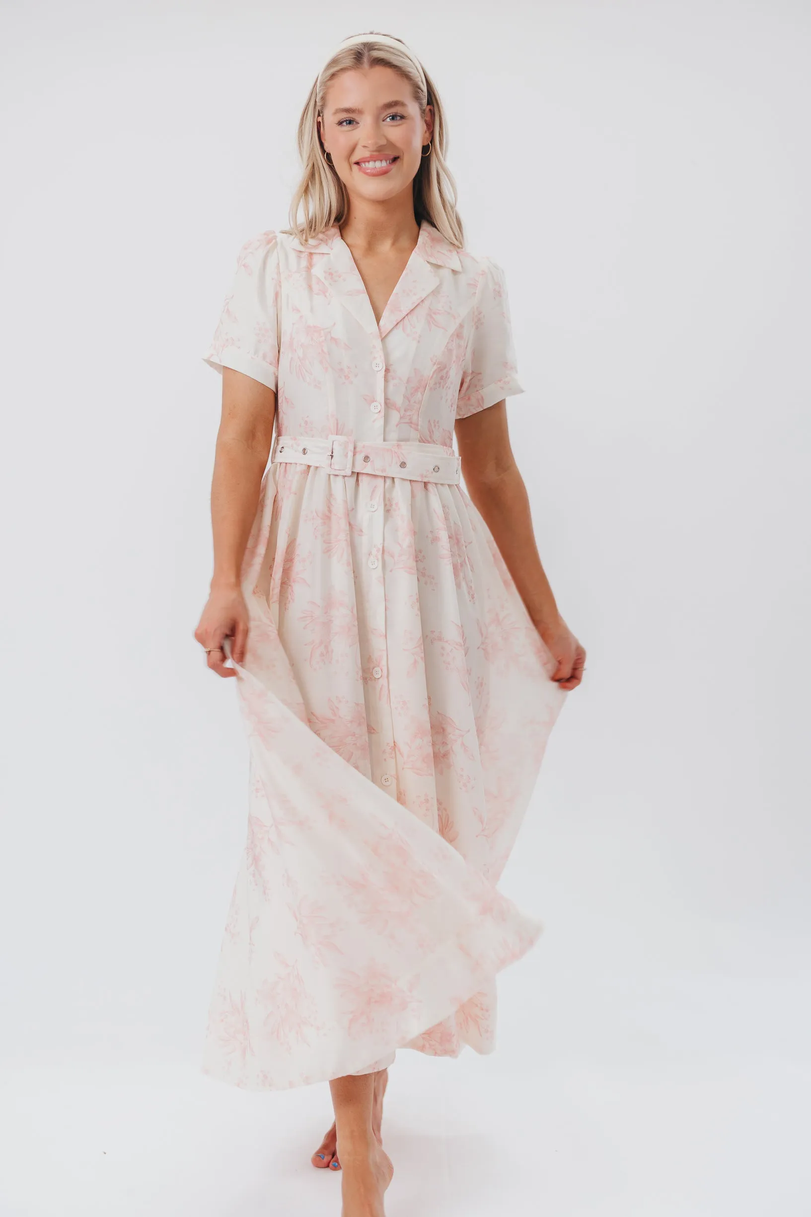 Gracie Button Down Midi Dress with Belt in Pink Floral - Nursing Friendly sold by Worth Collective