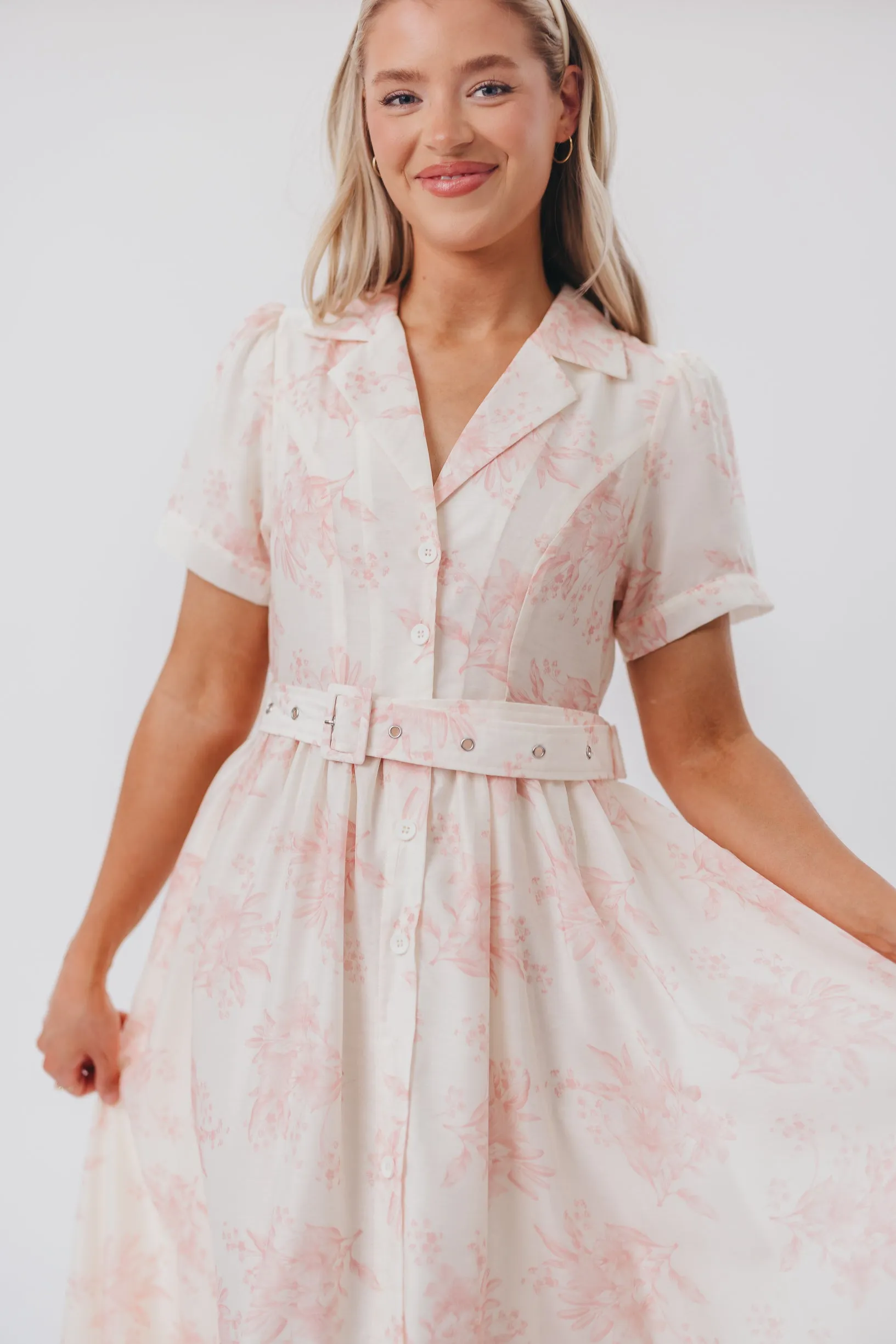 Gracie Button Down Midi Dress with Belt in Pink Floral - Nursing Friendly sold by Worth Collective product image thumbnail 2
