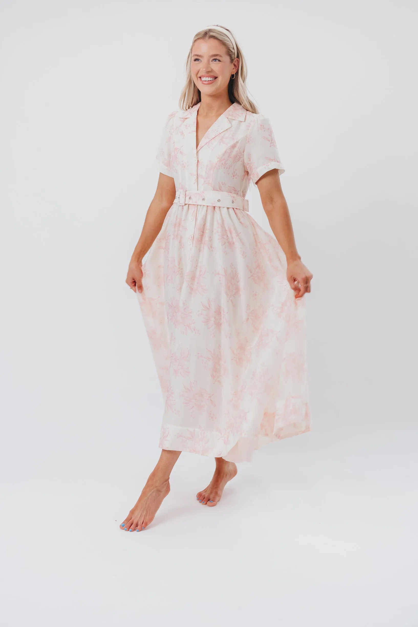 Gracie Button Down Midi Dress with Belt in Pink Floral - Nursing Friendly sold by Worth Collective product image thumbnail 3