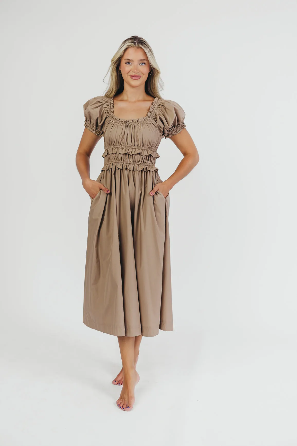Raquel Cotton-Poplin Midi Dress in Dark Natural - Bump Friendly sold by Worth Collective